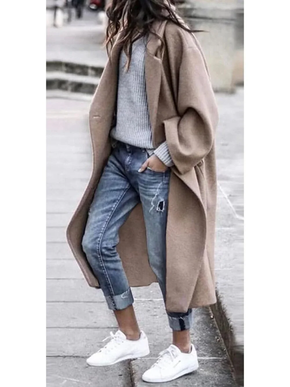 Women's Khaki Notched Collar Wool Blend Single Breast Midi Long Trench Coat